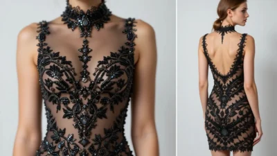 black embroidered mini dress