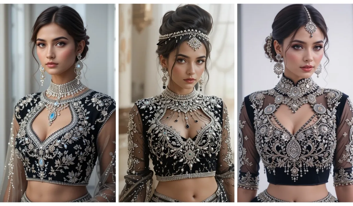Latest Black Blouse Design Trends | 100+ Silver Embroidery Blouse designs Ideas 2025 1 black blouse design